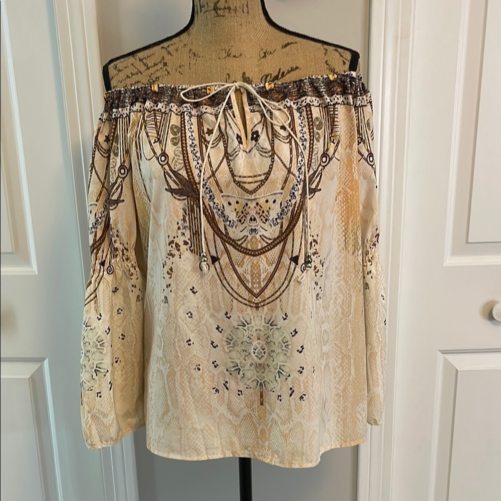Cream Relaxed Blouse with Puff Sleeves and Tie Front